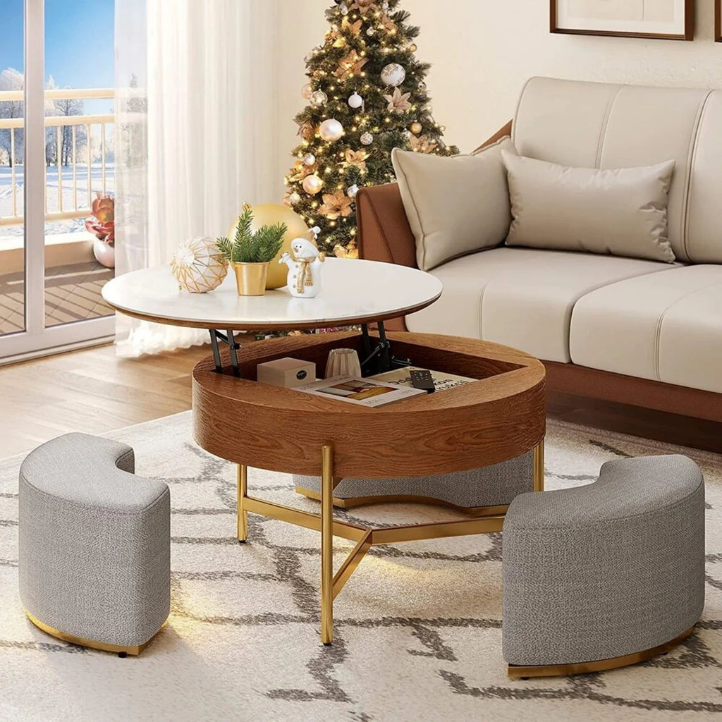 Ottoman Seating Liftable Wooden Coffee Table Set