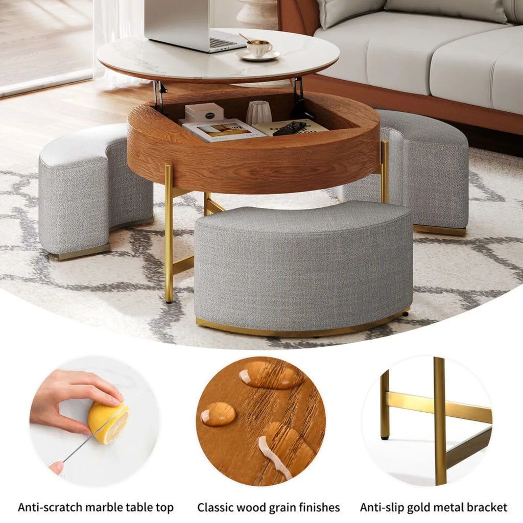 Ottoman Seating Liftable Wooden Coffee Table Set