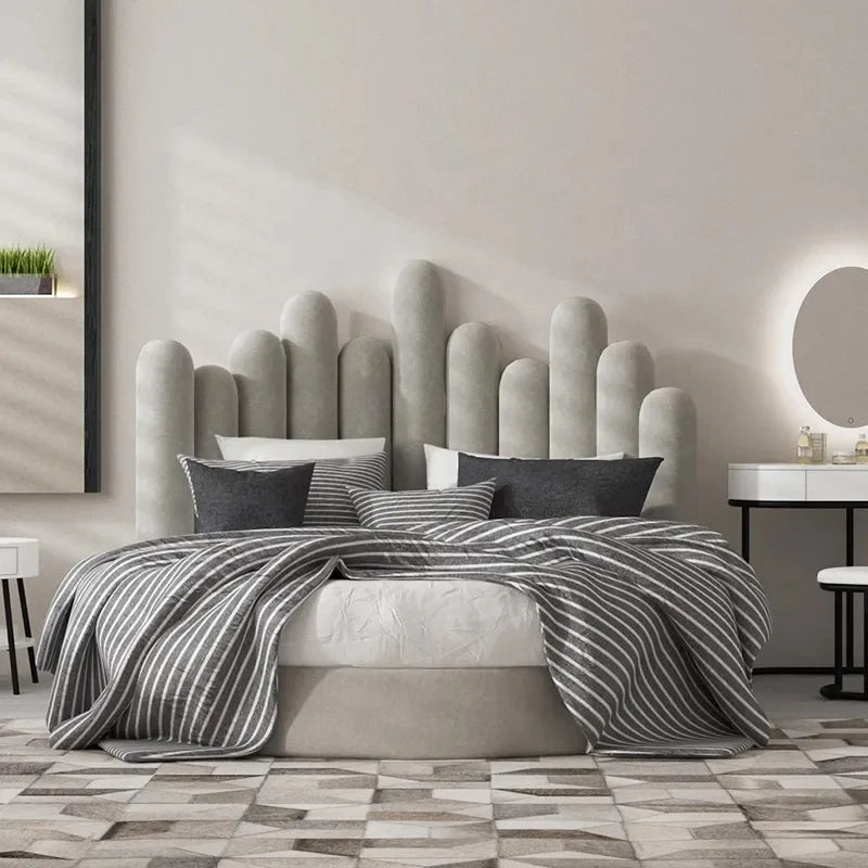 Scandinavian-Inspired Round Upholstered Wave Headboard Bed