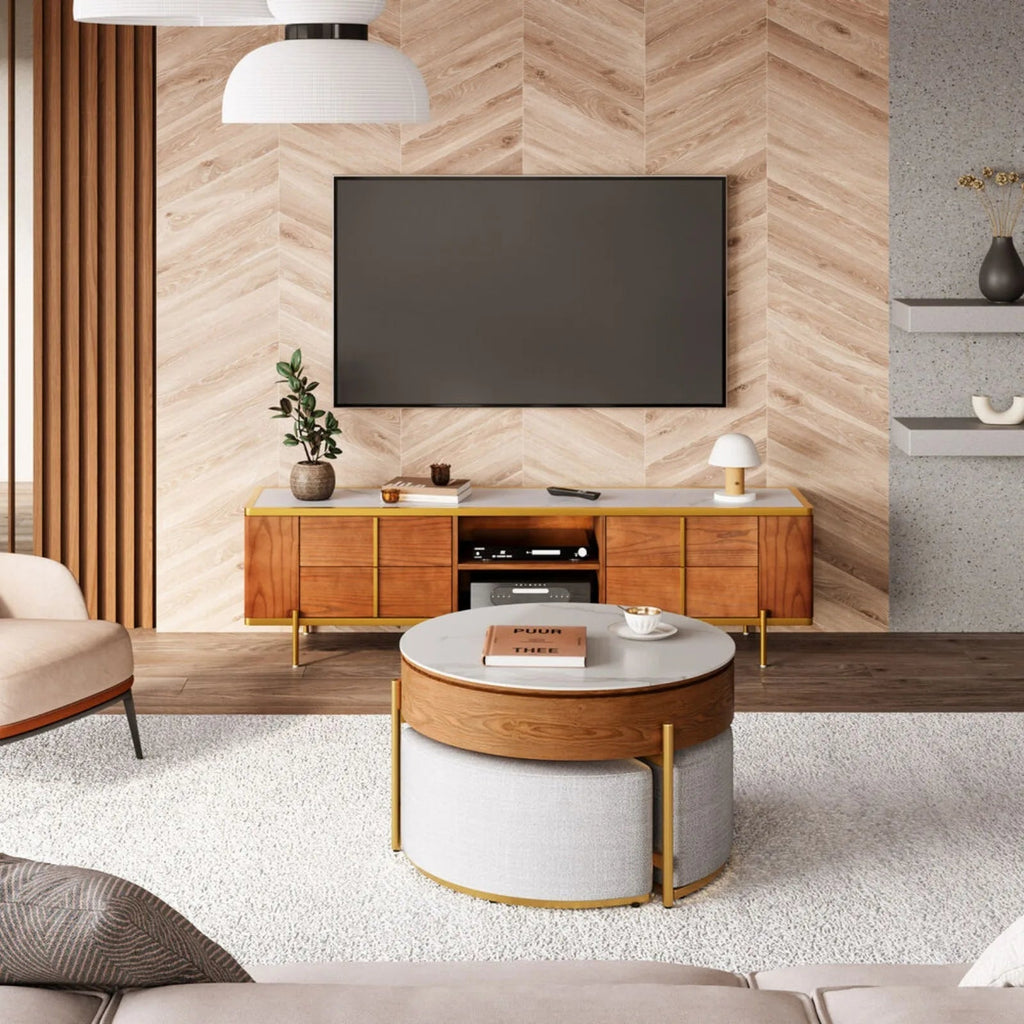 Ottoman Seating Liftable Wooden Coffee Table Set