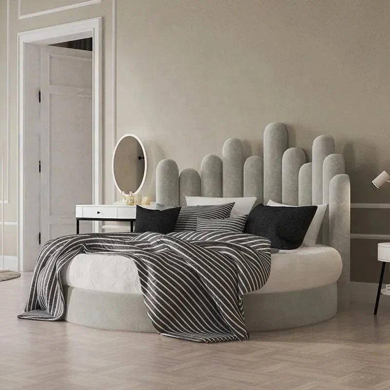 Scandinavian-Inspired Round Upholstered Wave Headboard Bed