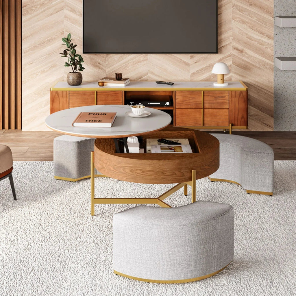 Ottoman Seating Liftable Wooden Coffee Table Set