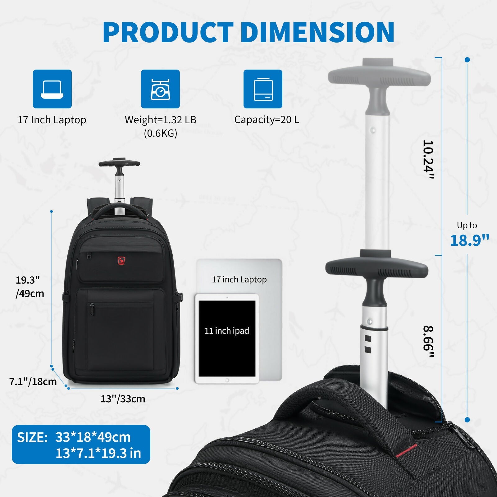 OIWAS Rolling Backpack Carry on Backpack with Wheels