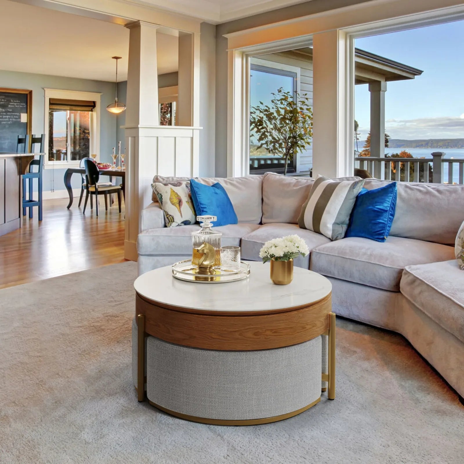 Ottoman Seating Liftable Wooden Coffee Table Set