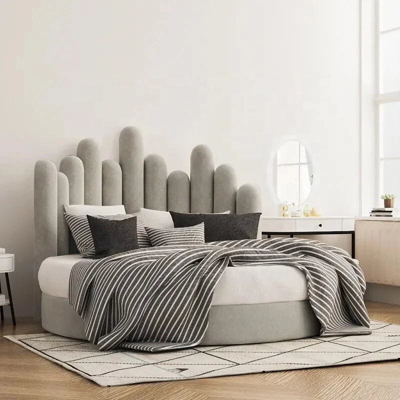 Scandinavian-Inspired Round Upholstered Wave Headboard Bed