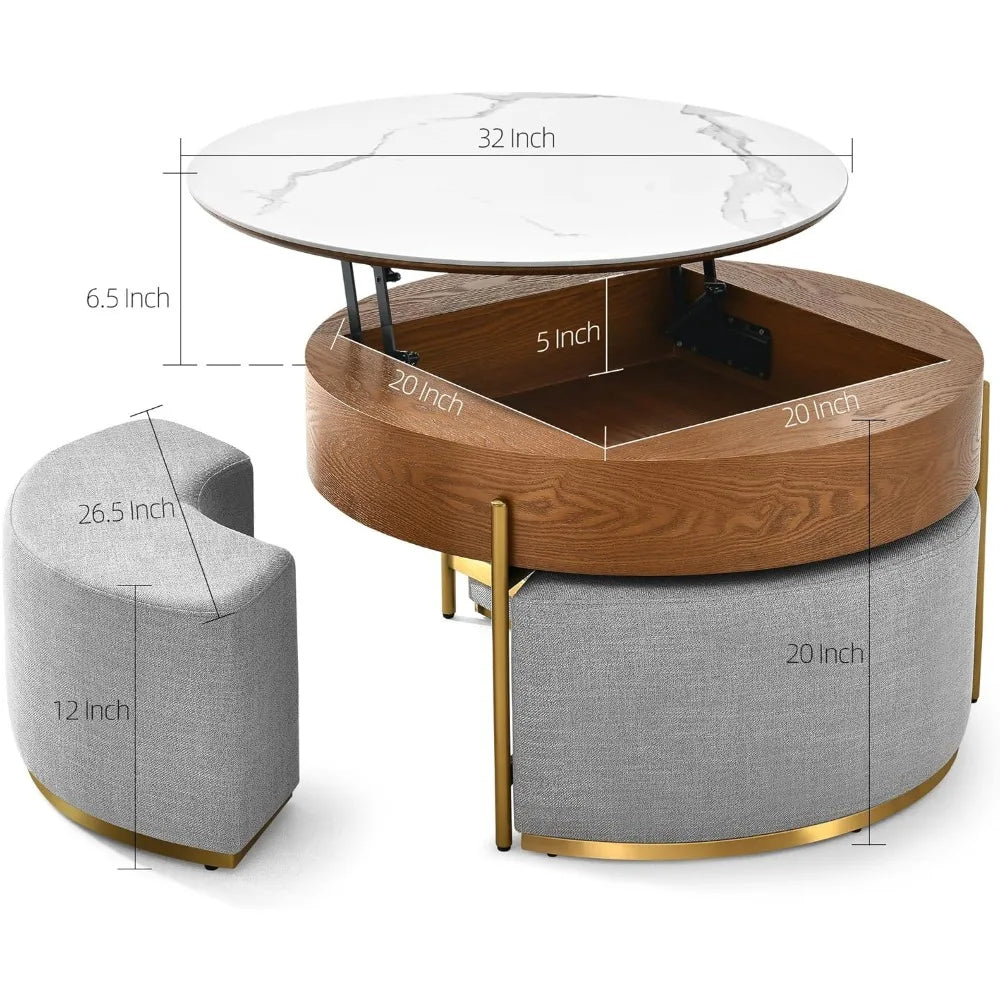 Ottoman Seating Liftable Wooden Coffee Table Set