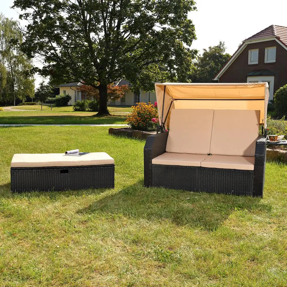 Foldable Sunshade Double Canopy Outdoor Lounge Sofa