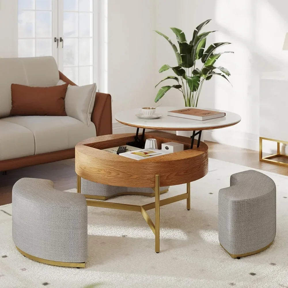 Ottoman Seating Liftable Wooden Coffee Table Set