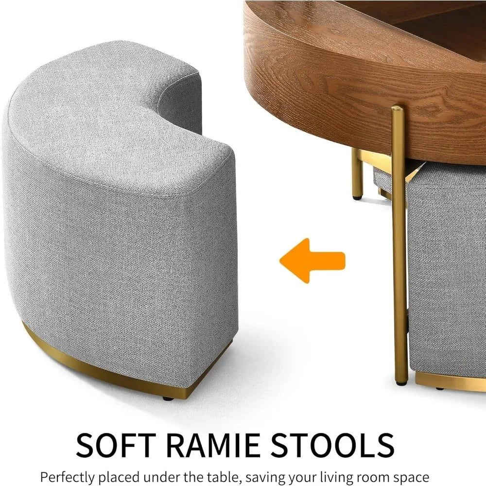 Ottoman Seating Liftable Wooden Coffee Table Set