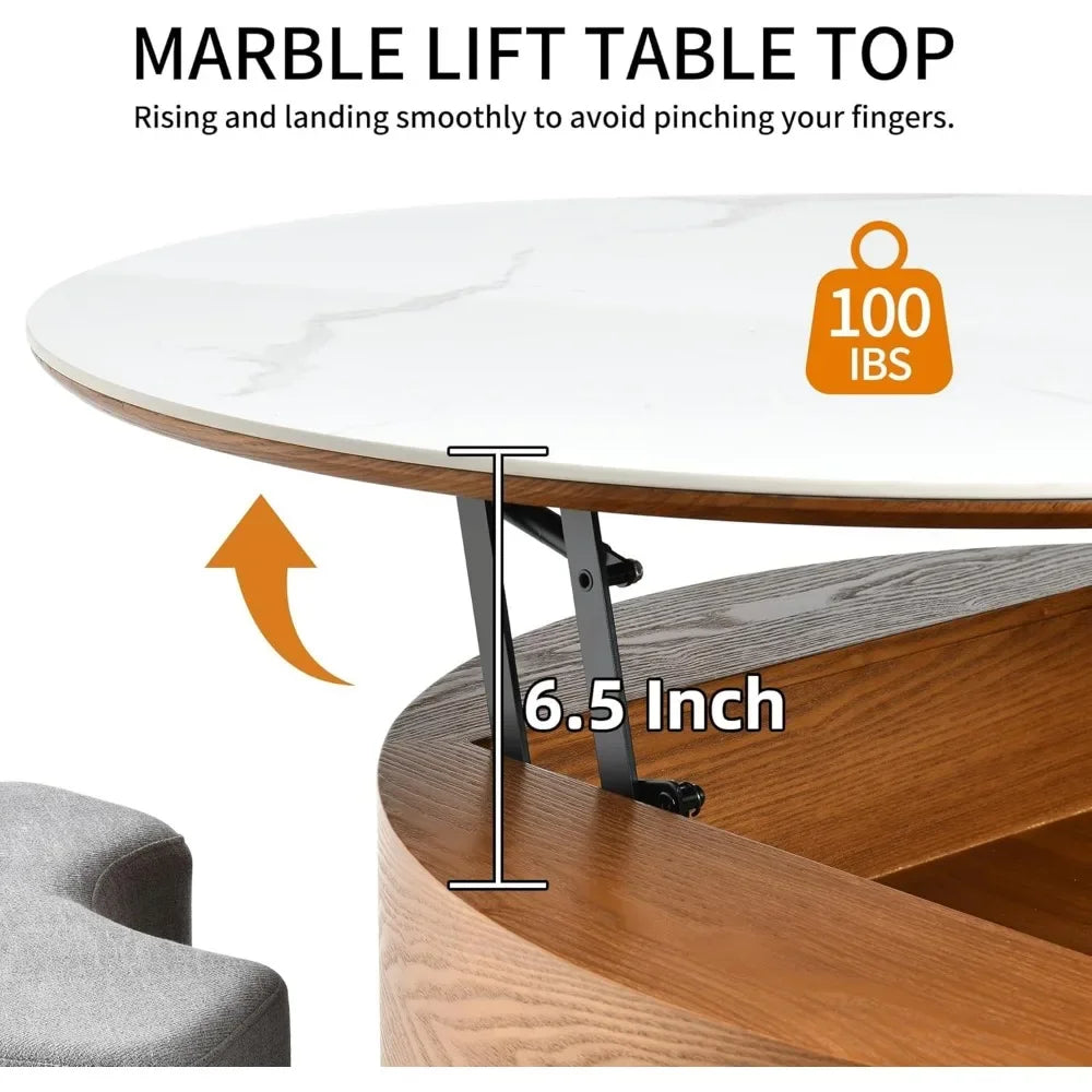 Ottoman Seating Liftable Wooden Coffee Table Set