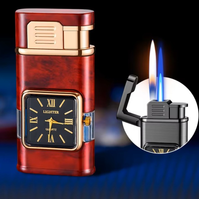 Dual Flame Built-in Watch Butane Gas Lighter