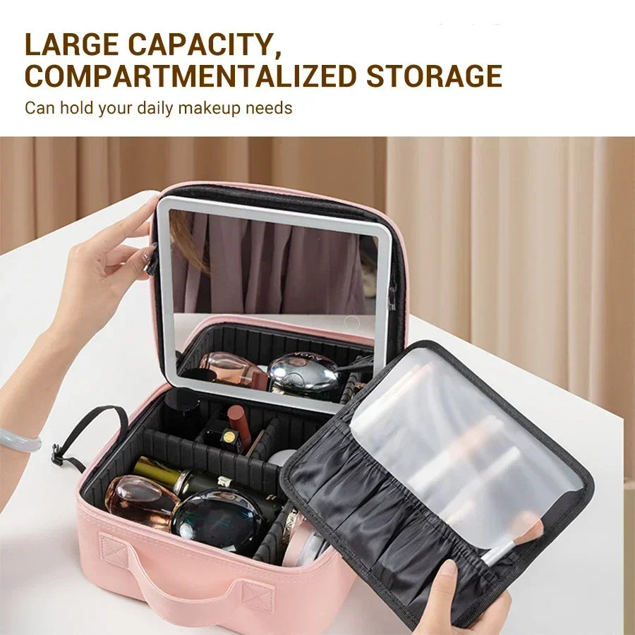 LED Mirror Travel Makeup Organizer Bag