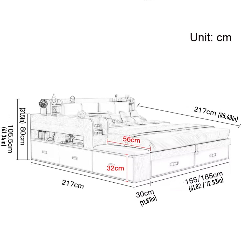 Hidden Compartment Lift-Up Storage Bookshelf Platform Bed