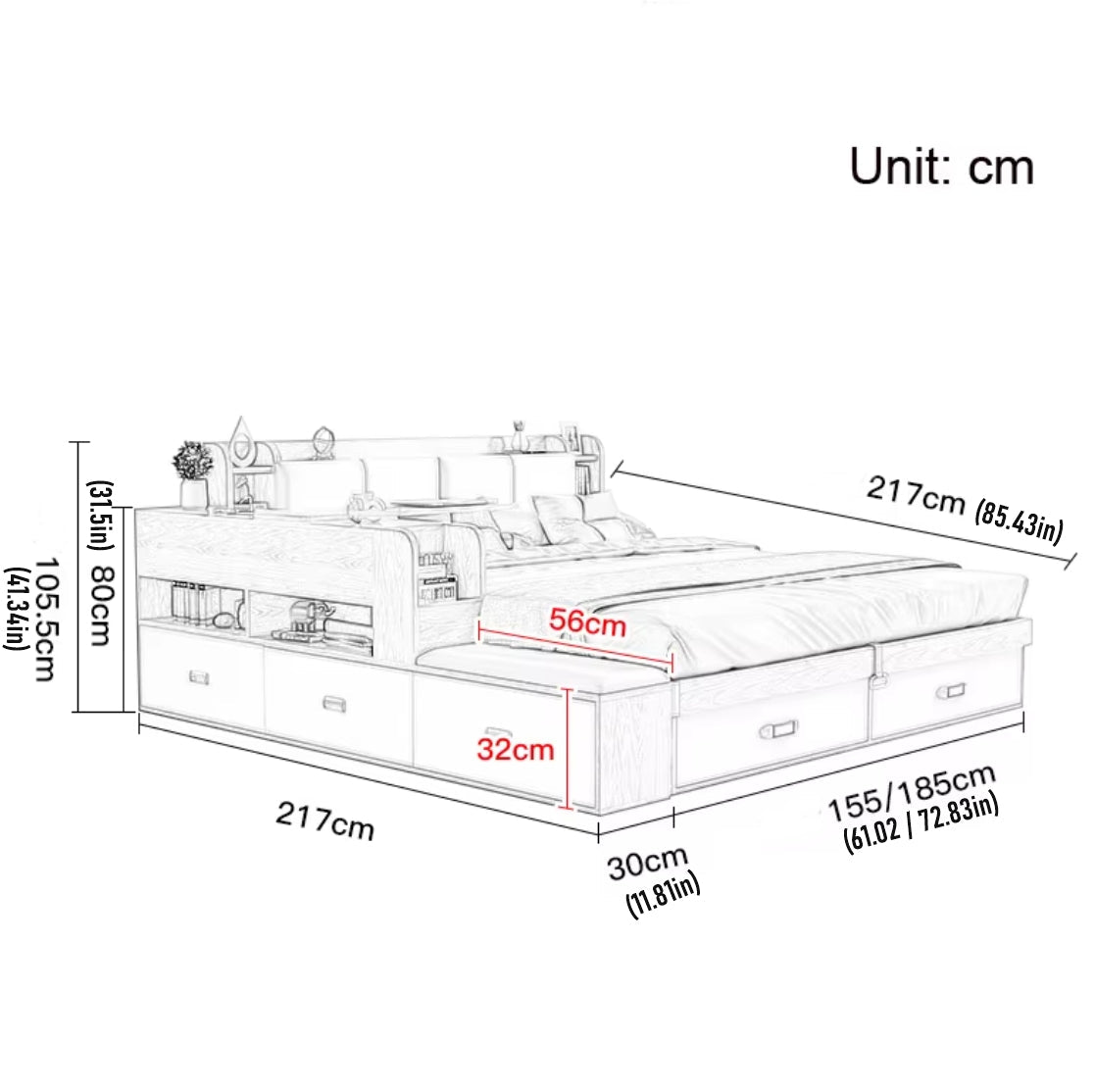Hidden Compartment Lift-Up Storage Bookshelf Platform Bed