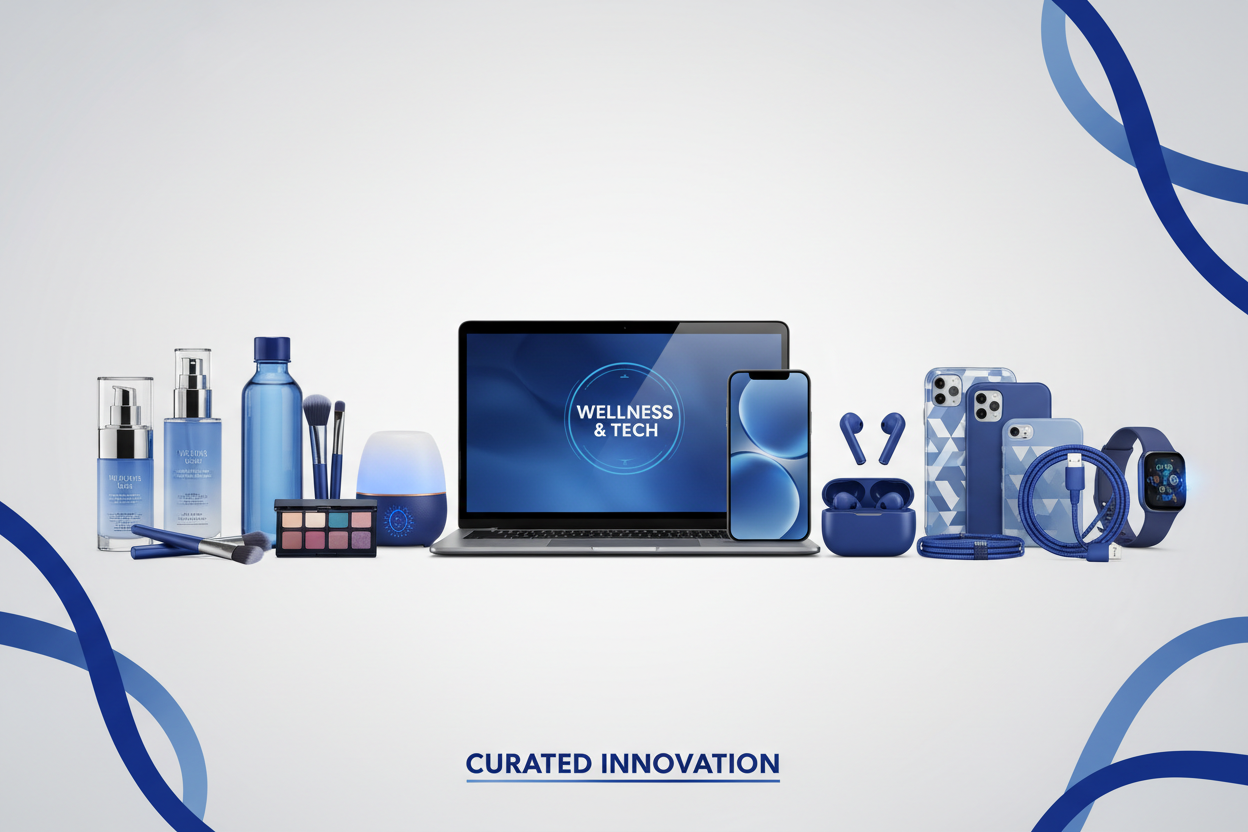 give a beautiful banner showing health and beauty product and other electronics, gadgets, and laptop phone accesories, make some things in blue 010886E6 color.