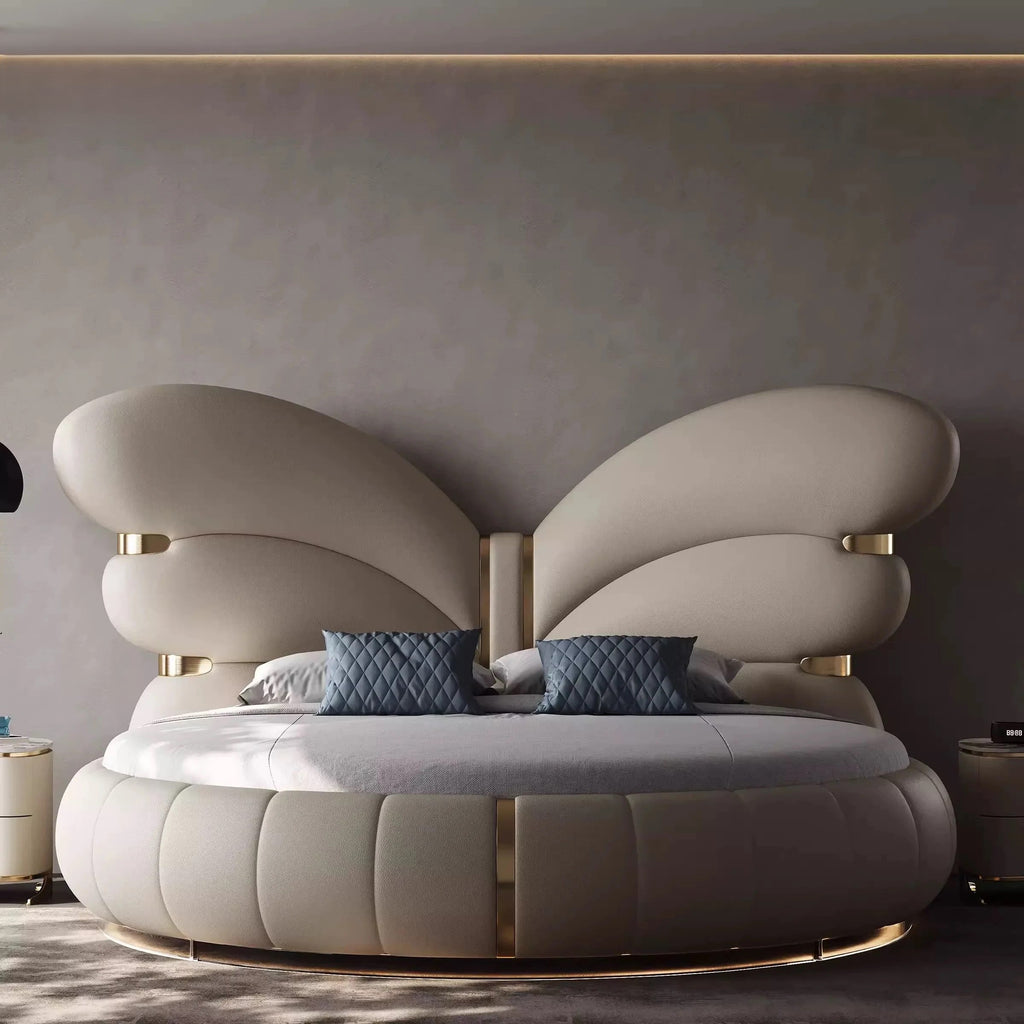 Elegant Butterfly Wing Headboard Leather Round Bed
