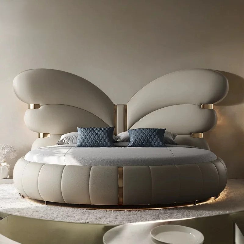 Elegant Butterfly Wing Headboard Leather Round Bed