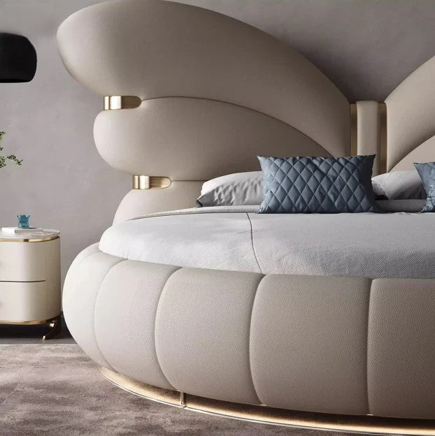Elegant Butterfly Wing Headboard Leather Round Bed
