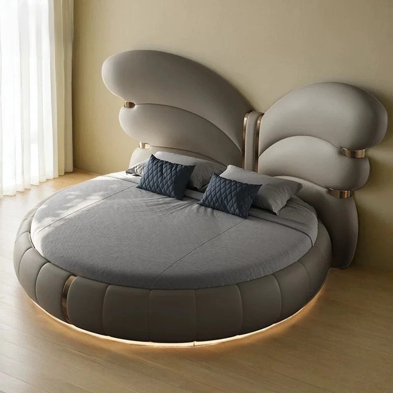 Elegant Butterfly Wing Headboard Leather Round Bed