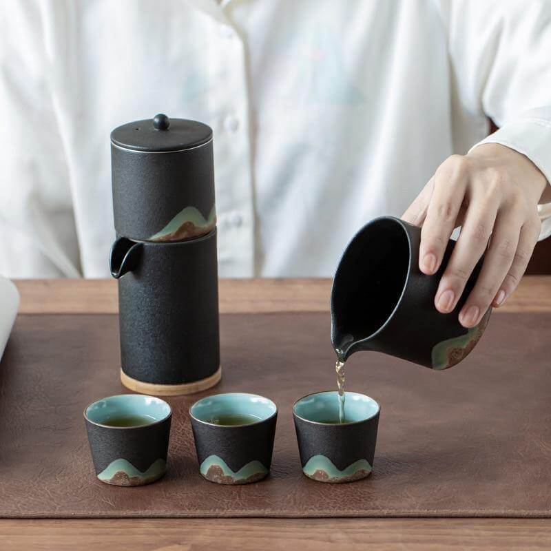 Portable Travel Ceramic Mountain Teapot With 3 Cups